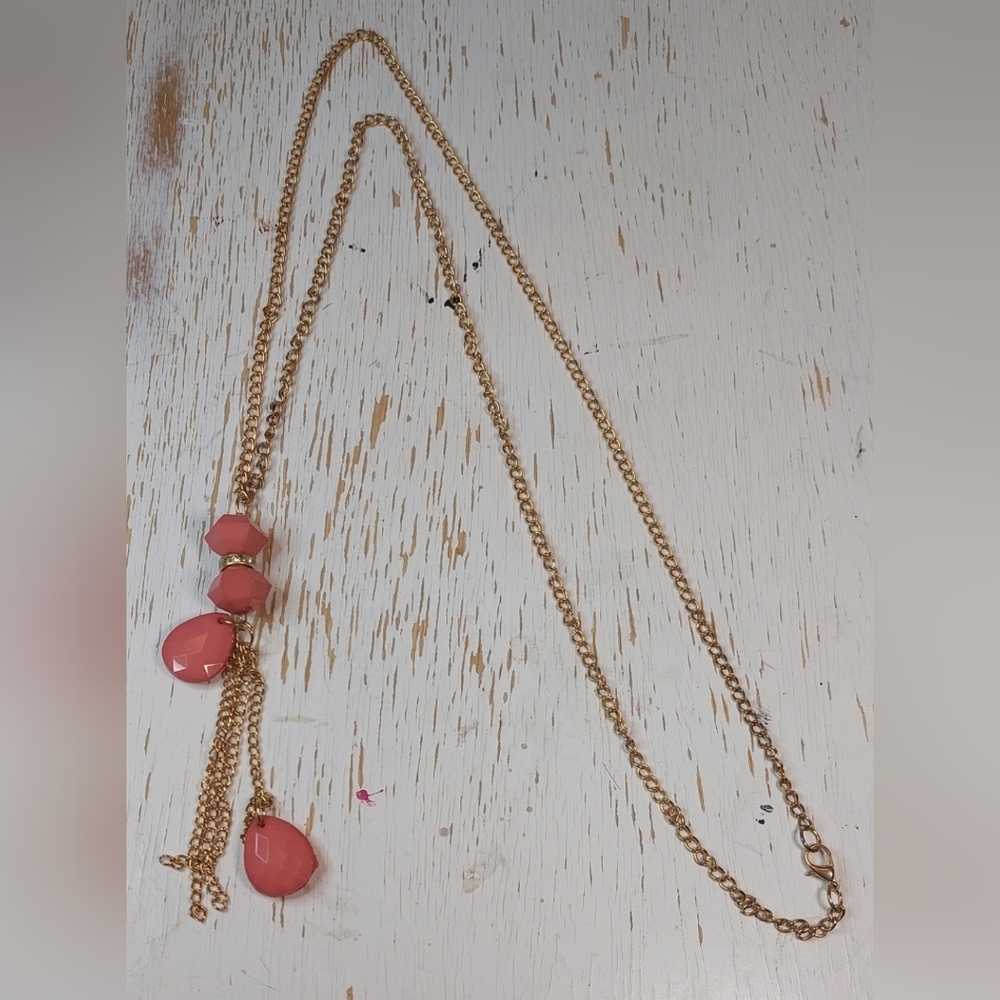 Single Strand Chain Long Necklace with Tassel Cluster Coral Glass Beads Boho